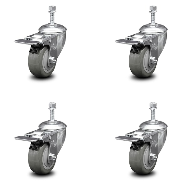 Service Caster 3.5 Inch Gray Polyurethane Swivel 3/8 Inch Stem Caster Set with Total Lock Brake SCC-TSTTL20S3514-PPUB-381615-4 - main